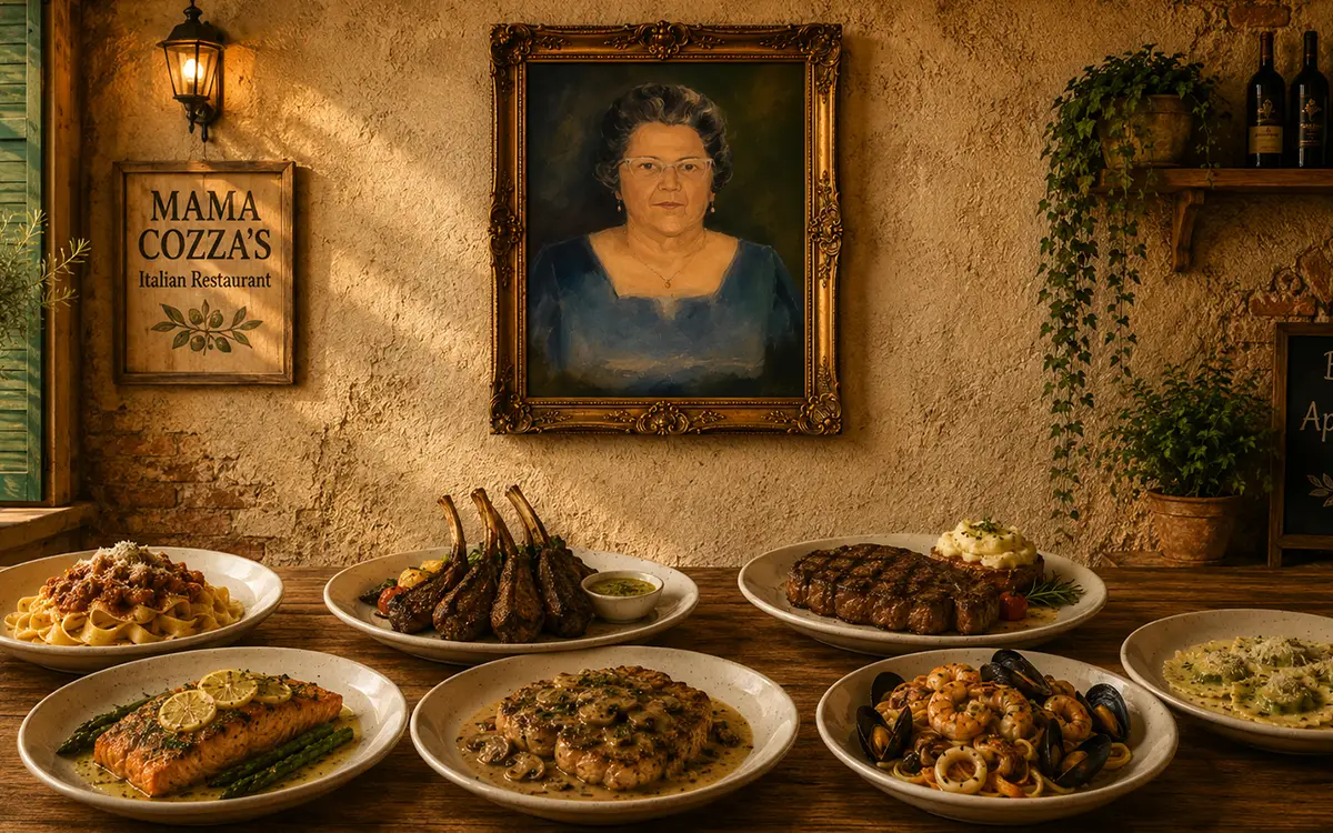 Illustration of appetizers and Mama Cozza&rsquo;s Italian Restaurant